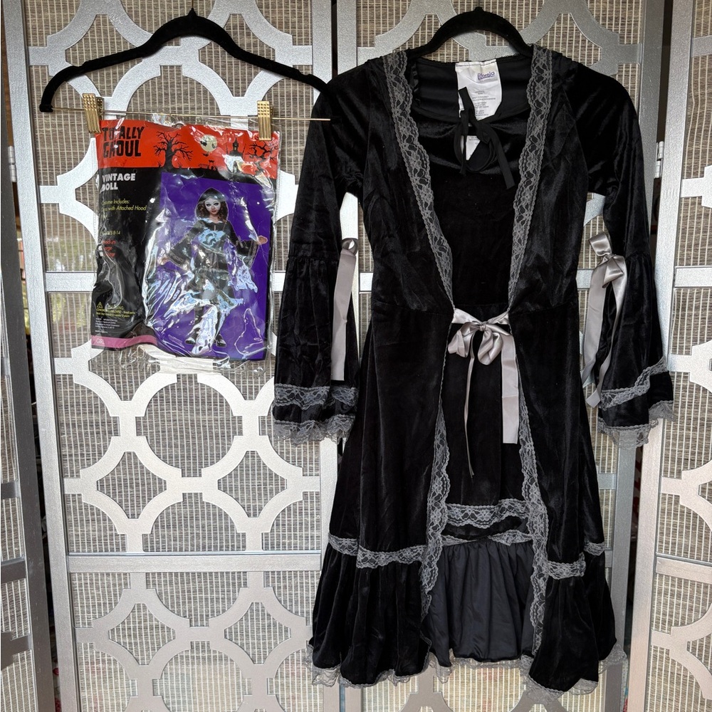 Girls Halloween Costume Black Velvet Dress with Gray Lace